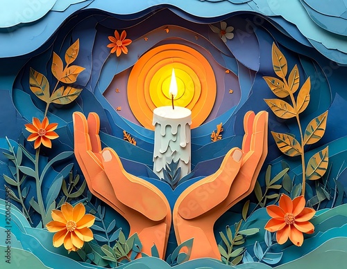 A paper cutout of hands cradling a candle surrounded by flowers