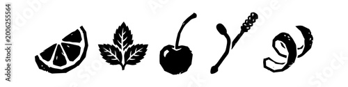 Hand-Drawn Cocktail Garnish and Barware Icon Set Featuring Citrus Slice, Mint Leaves, Cherry, Bar Spoon, and Orange Twist in Linocut Style Illustration