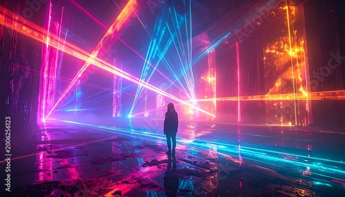 A person stands alone in a dark room with neon lights