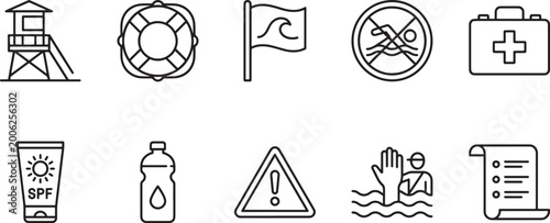 Set of ten beach safety and rescue icons including lifeguard tower lifebuoy warning flag no swimming sign first aid kit sunscreen water bottle caution sign drowning help and rules Vector