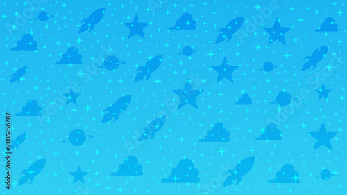 Abstract Bright Cloud, Rocket, Star and Planet Cartoon on Blue Sky Background. Cosmic display wall illustration. Vector seamless texture for interior, decorative, banner, cover, card.