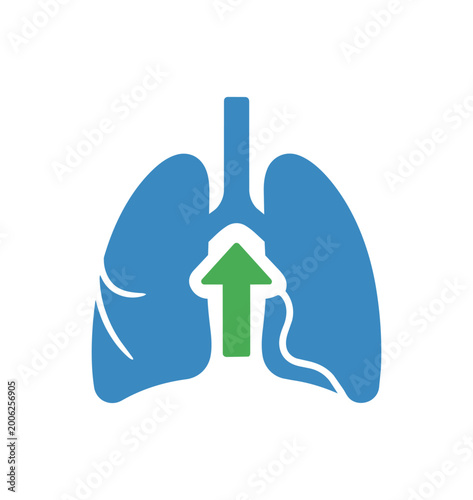 Medical illustration of lungs with upward arrow representing respiration process