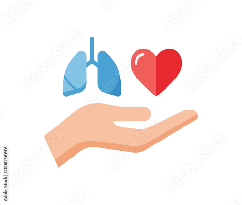 Medical illustration of a hand presenting heart and lungs on a black background