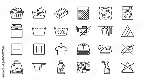 Hand-drawn icons for laundry and dry cleaning services with washing machine