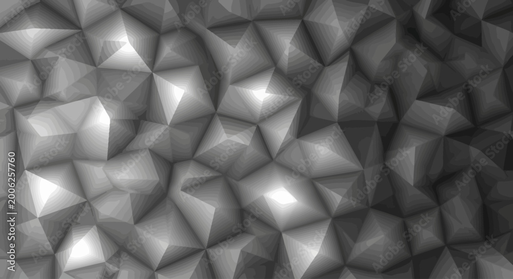 Obraz premium Dynamic abstract low poly texture in grayscale, featuring a complex geometric surface with sharp, faceted triangles and polygonal shapes, creating a modern digital background