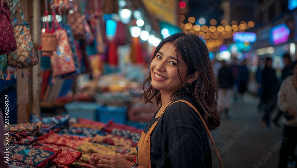 Fototapeta premium Young Woman Smiling in Vibrant Market at Night with Colorful Lights
