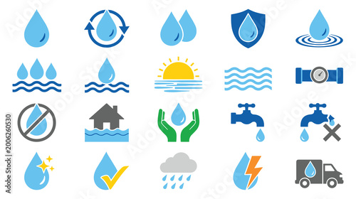 Foto Water drop icons, liquid and ecology symbols, hydration and protection