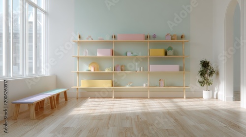 minimal kindergarten playroom, empty floor space, light wood shelves, pastel decor, bright and fresh feeling, realistic photography 