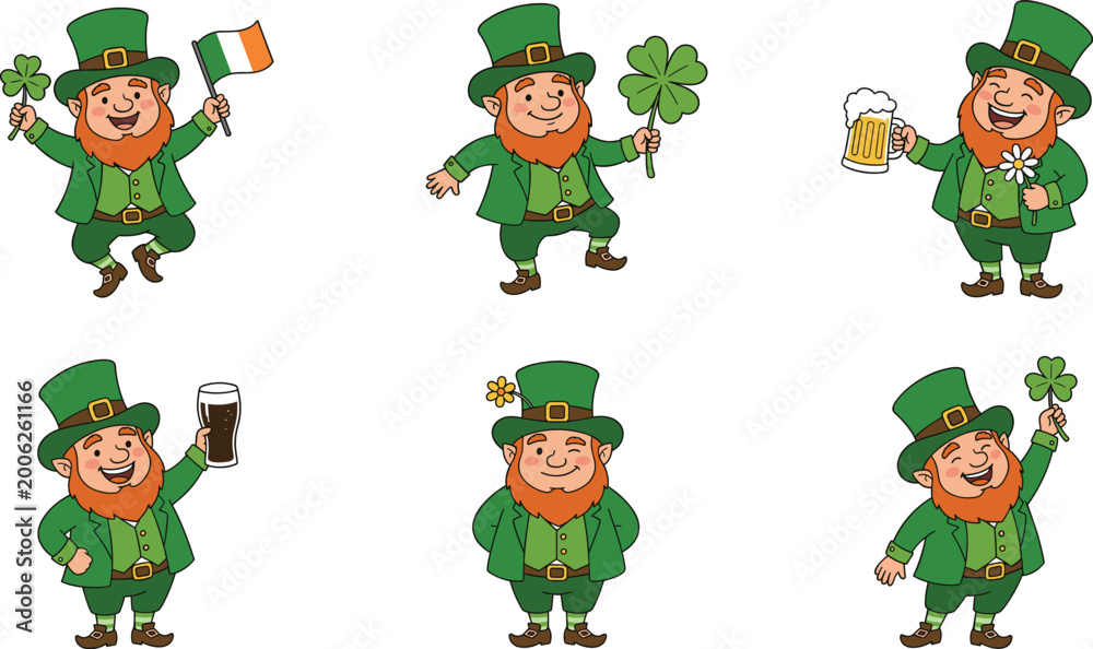 Fototapeta premium Cute leprechaun character set with shamrock beer and Irish flag festive Saint Patricks Day cartoon illustrations
