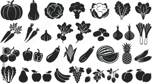 Collection of various fresh vegetables fruits and food icons on transparent background.