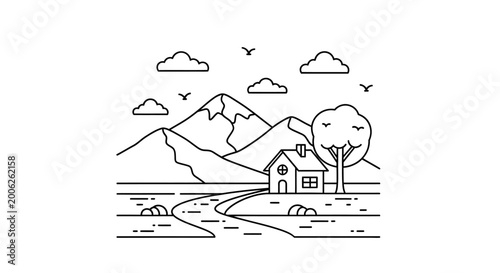 Minimalist Line Art Landscape Illustration with Mountains, House, Tree, and Path. Peaceful Rural Nature Outline Scenery Vector Graphic.