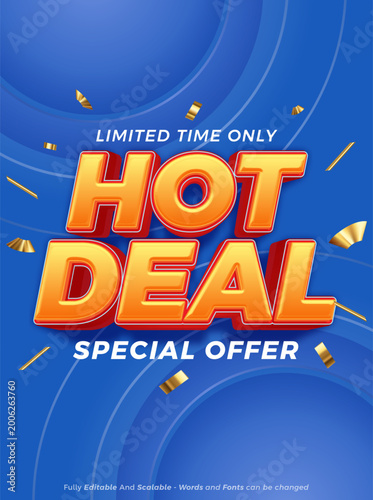Hot deal and special offer banner template with 3d editable text effect on blue background with golden confetti
