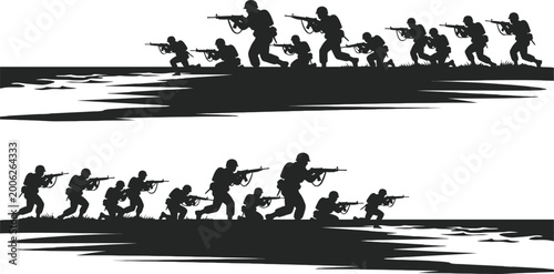 Tableau sur toile Soldiers advancing with rifles in wartime transparent background.