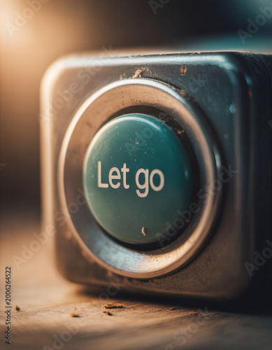 Silent control power not speaking worn green button engraved with Let go rests on wooden surface conveying calm release and quiet strength in warm light