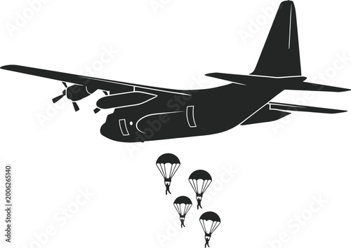 Schilderij op canvas Military transport plane drops paratroopers in airborne operation