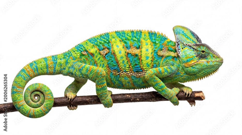 Fototapeta premium Colorful chameleon lizard resting on a thin tree branch