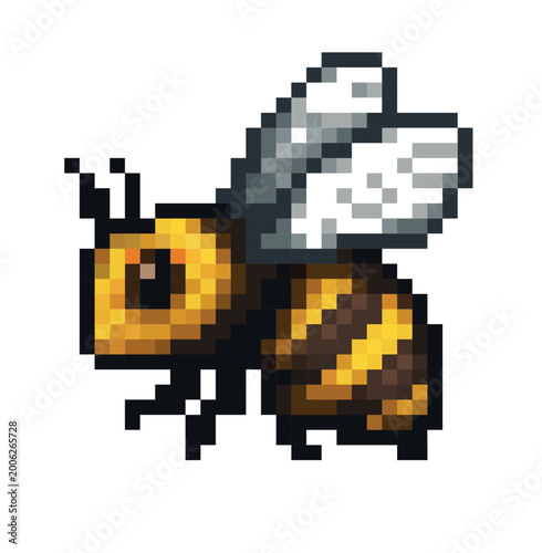 Pixel art illustration of a yellow and brown bee with blue wings, isolated on a white background, 8-bit retro style.