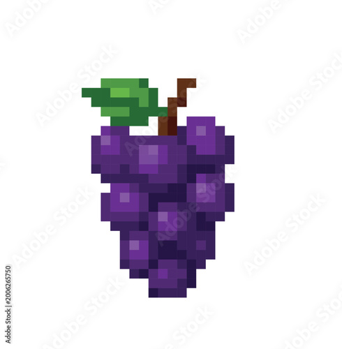 Pixel art illustration of a bunch of purple grapes with a green leaf and brown stem, isolated on a white background, 8-bit retro style.