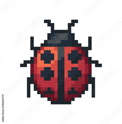 Pixel art illustration of a red ladybug with black spots and antennae, isolated on a white background, 8-bit retro style.