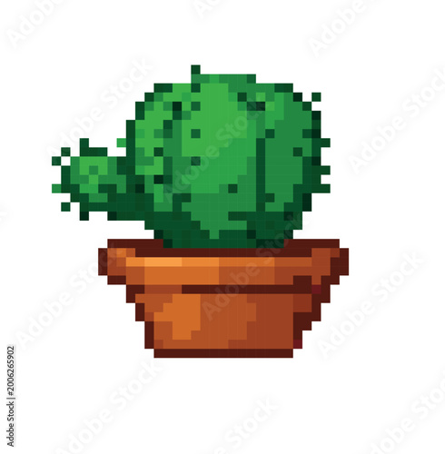 Pixel art illustration of a green cactus with small spines in a brown flower pot, isolated on a white background, 8-bit retro style.