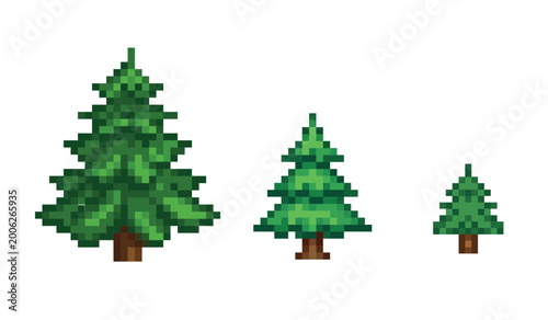 Pixel art illustration of a simple green pine trees with a brown trunk, isolated on a white background, 8-bit 