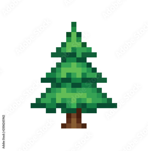Pixel art illustration of a simple green pine tree with a brown trunk, isolated on a white background, 8-bit retro style.