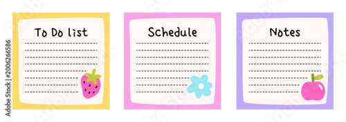 Cute hand-drawn to do list and planner note templates with doodle fruits and flower. Colorful memo cards for goals, plans, and tasks. Perfect for planner, organizer, stationery, printable design.