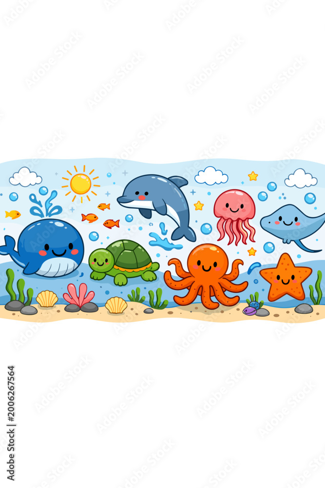 Fototapeta premium Cute Ocean Animals Cartoon Art Style With Underwater Scene