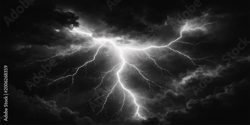 Schilderij op canvas A powerful bolt of electric lightning illuminates the dark stormy night sky as a