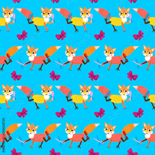Seamless pattern with foxes - hairdressers and bows.  Cute foxes hold scissor...