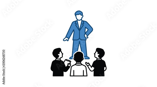A leader in a blue suit stands confidently while a group of people look up at him.