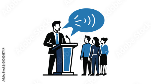 A man in a suit stands at a podium giving a speech to a small group of people.