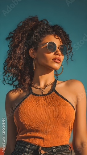 Confident Young Woman with Curly Hair and Round Sunglasses in Orange Halter Top – Golden Hour Portrait