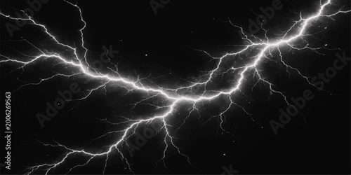 Canvastavla A powerful electric blue lightning bolt strikes across the dark night sky in an