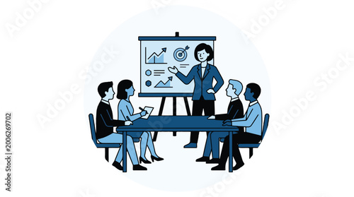 A business meeting where a female presenter is explaining charts and graphs on a whiteboard to a group of colleagues sitting around a table.