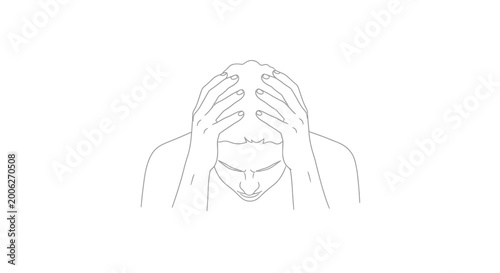 Billede på lærred Distressed Person Holding Head in Hands, Depression Line Art Illustration