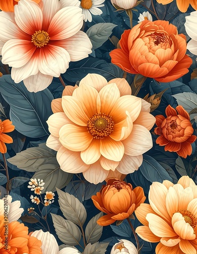 Vibrant floral pattern with orange, white, and green hues