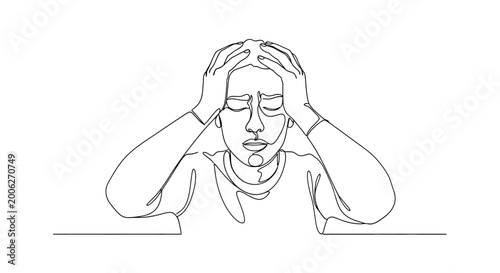 Frustrated Person, Continuous Line Art Drawing, Stress and Anxiety Concept