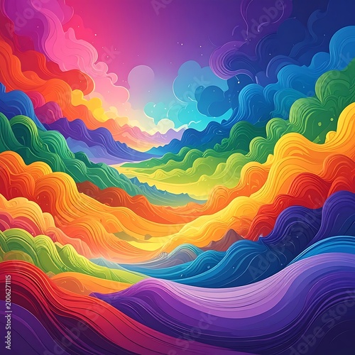 Vibrant rainbow-colored landscape with wavy hills and sky