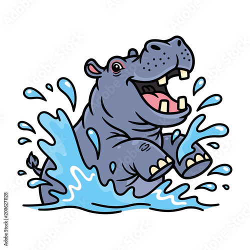 Canvastavla Happy Hippo Splashing in Water Cartoon