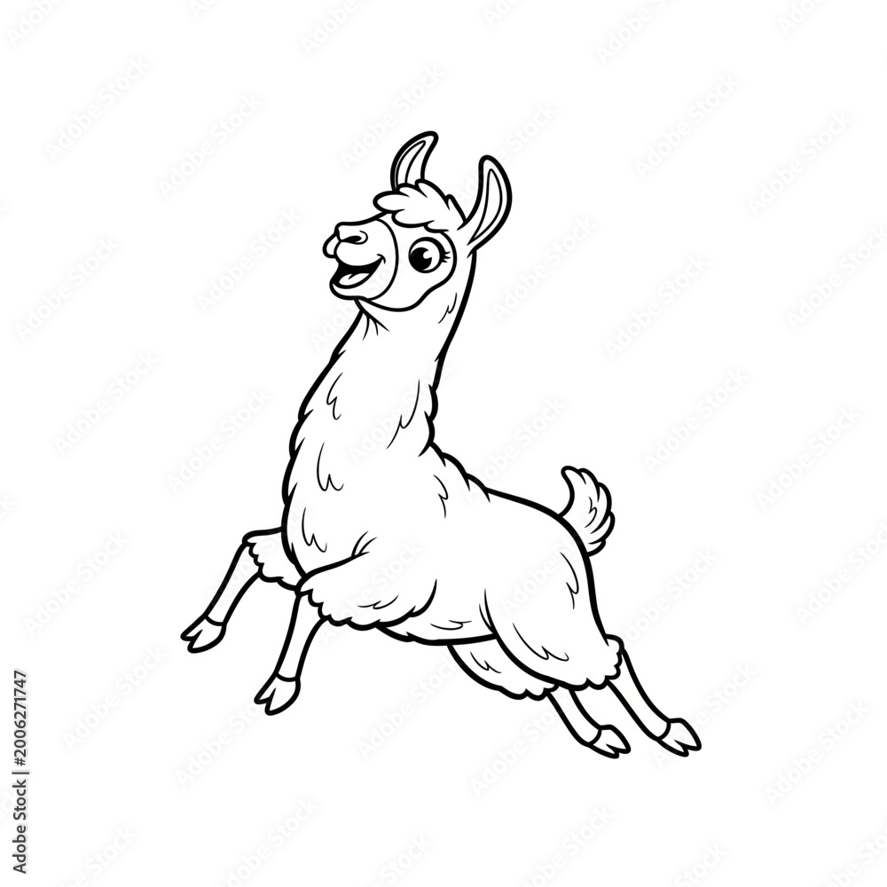 Fototapeta premium Cute cartoon llama running, line art
