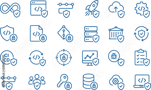 Картината върху платно DevOps Security Icon Set Minimalist Line Art Vector CI CD Pipeline Protection UI