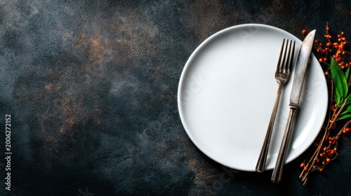 A minimalistic dining setup featuring a clean white plate, elegant cutlery, and decorative elements, showcasing simplicity and sophistication in dining experiences.