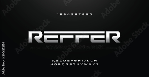 Plakat w ramie Movie Silver Metal Chrome Alphabet Font. Typography modern sport style fonts set for cinema, poster, logo. vector illustration