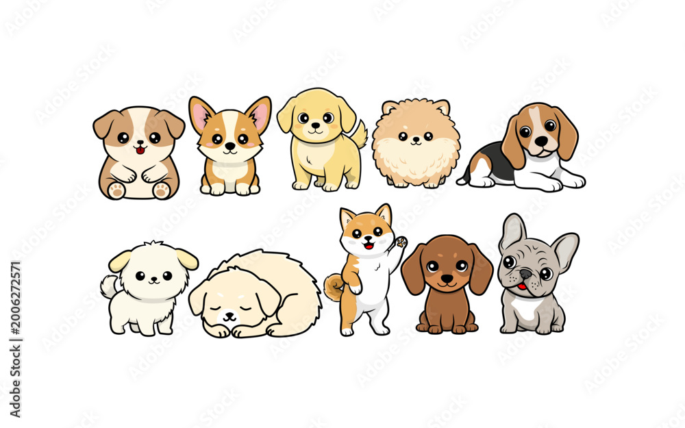 Fototapeta premium Cute cartoon dog icon set featuring various small puppy breeds in flat vector style, isolated on clean background, perfect for stickers, apps, and UI design