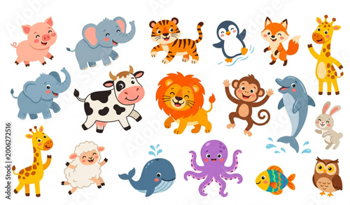 Photography Cute cartoon animals vector set with playful farm wild and ocean characters isol