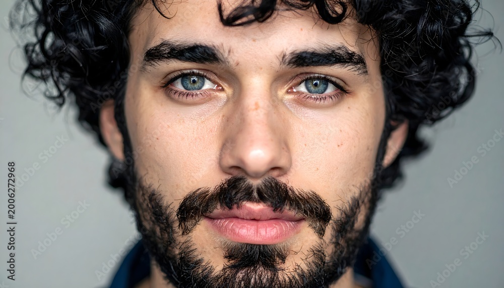 Fototapeta premium Retrato masculino en primer plano con ojos claros, barba y cabello rizado