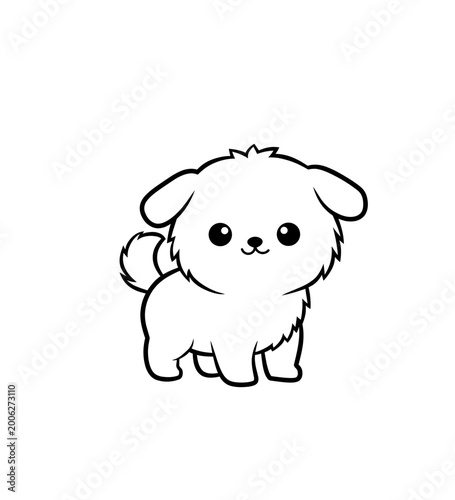 Cute fluffy puppy illustration, adorable small dog cartoon, happy pet character, simple line art drawing