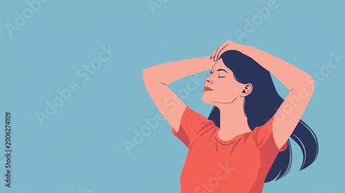Relaxed young woman with hands clasped behind her head resting in calm posture, expressing comfort, freedom and peaceful mood on plain neutral background for lifestyle and relaxation themes.