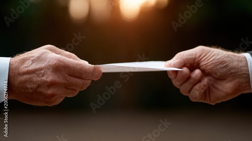 Two hands reach towards each other, exchanging an important envelope, symbolizing communication, trust, and the transfer of valuable information between individuals.